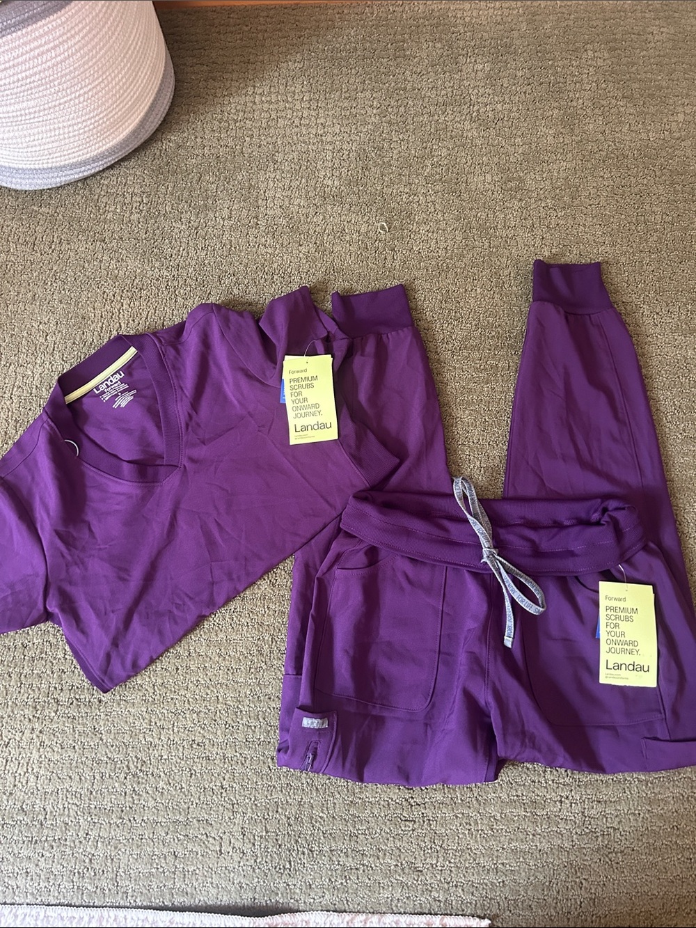 Landau Deep Purple V-Neck Scrub Top with Jogger Drawstring Pants
